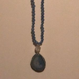 Blue glass beads with glass pendant long necklace